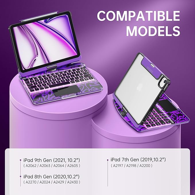 GUSGU Transparent Case with Wireless Keyboard for iPad 10.2-in (7th, 8th, and 9th Gen), 7 Colors Backlight, Trackpad, 360°Rotating Stand, Tech Style