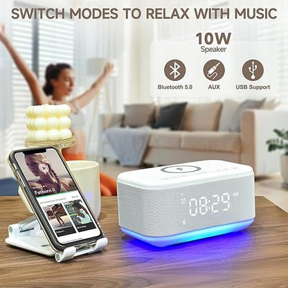 Alarm Clock Speaker Wireless Charger, Digital Alarm Clocks Bedrooms Bluetooth, Alarm Clock Dimmable Light Bedrooms Dual Alarm Snooze Dimmer 12 24H RGB Night Light Bluetooth USB AUX, White