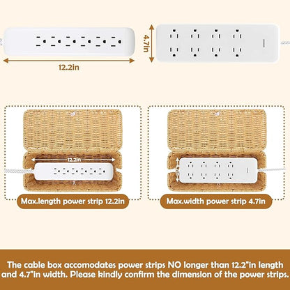 Cable Management Box, Handmade Imitation Rattan Cord Cable Organizer, Cable Raceway Open Slots Cords Hider Box for Computer Router USB Hub & Power Strip