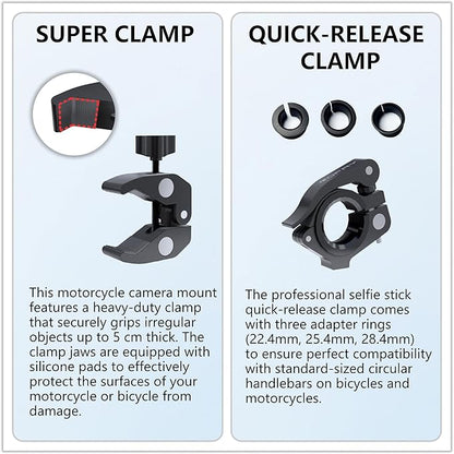 Motorcycle Camera Mount for Insta 360 x5,Adjustable GoPro Bike Extension Pole Kit Compatible with Insta360, GoPro, and DJI Cameras - Designed for Bike and Motorcycle Riding Shots