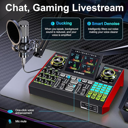 Podcast Equipment Bundle with 3.5mm Condenser Microphone for Pc/Phone Live Streaming Singing Gaming, Podcast Microphone Bundle with Live Sound Board Audio Mixer,Voice Changer, Denoise,DJ Sets