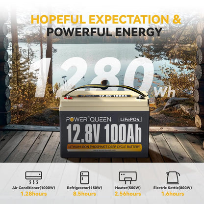 Power Queen LiFePO4 Battery 12V 100Ah, Group 31 Lithium Battery, with 1280Wh Energy and BMS Protection, Up to 15000 Deep Cycles for RV Trailer, Camper Van, Solar Off-Grid