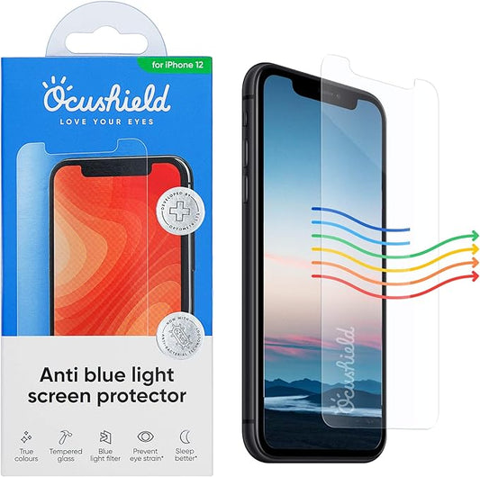 Ocushield Anti Blue Light Tempered Glass Screen Protector of iPhone 12 & iPhone 12 Pro (6.1") – Blocks Blue Light, Prevents Eye Strain & Helps You Sleep Better, 9H Hardness & Case Friendly