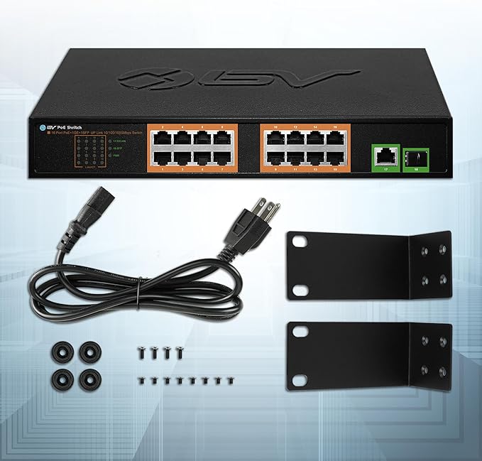 BV-Tech 18 Ports Long Range PoE+ Switch (16 PoE+ Ports | 1 Gigabit Ethernet uplink with 1 SFP Uplink) - 19" Rackmount - 120W - 802.3af/at -Desktop Design for Easy Set Up (16 Gigabit PoE+ Ports | 120W)