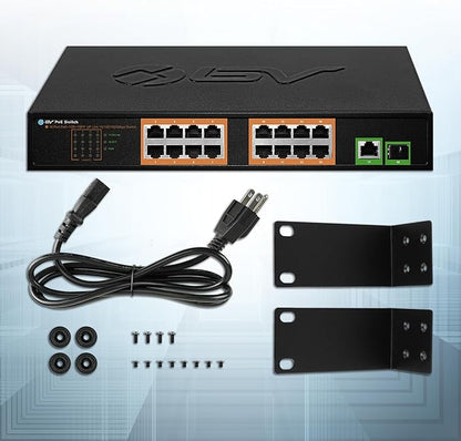 BV-Tech 18 Ports Long Range PoE+ Switch (16 PoE+ Ports | 1 Gigabit Ethernet uplink with 1 SFP Uplink) - 19" Rackmount - 120W - 802.3af/at -Desktop Design for Easy Set Up (16 Gigabit PoE+ Ports | 120W)