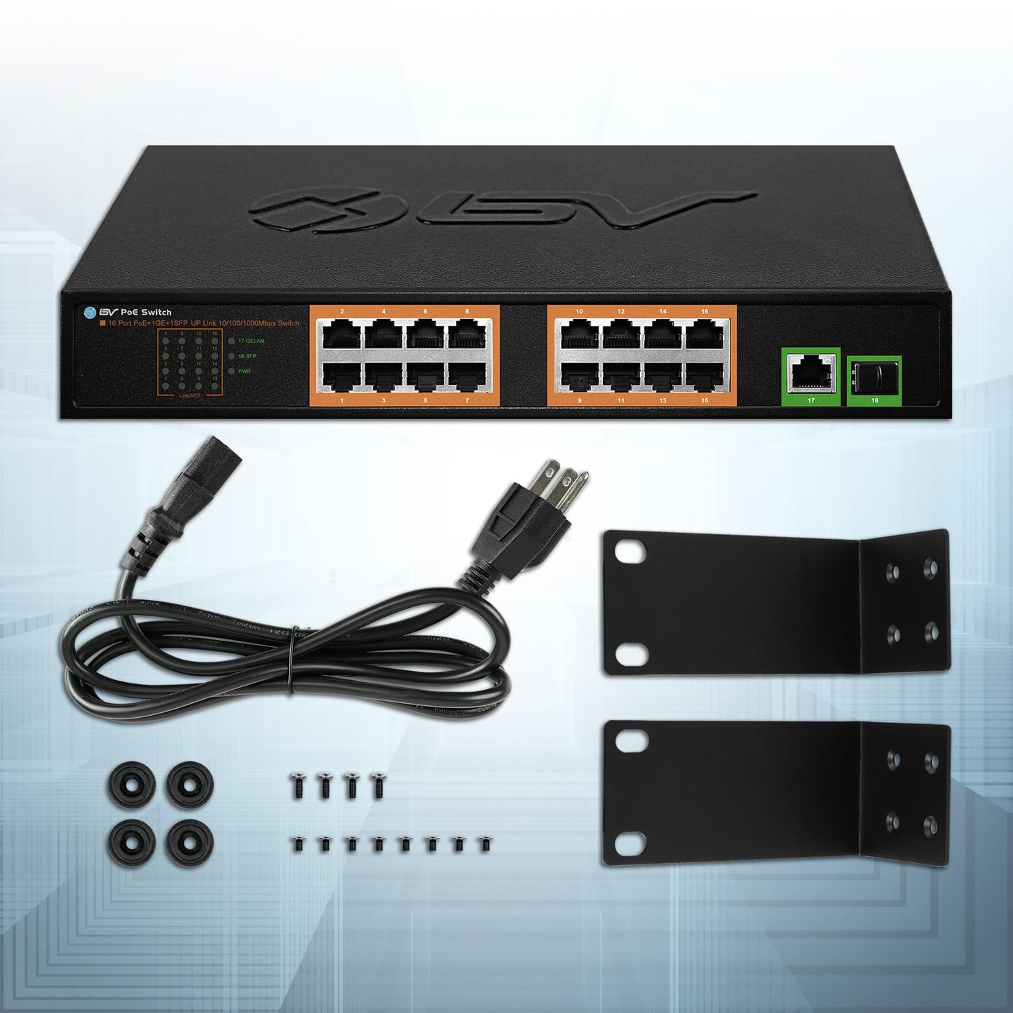 BV-Tech 18-Port Gigabit PoE+ Switch | 16 PoE+ Ports @ 120W & 2 Gigabit Uplink Ports | 802.3af/at 30W/Port | Unmanaged Plug and Play | for IP Cameras & Access Points