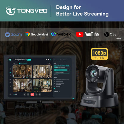 TONGVEO Conference Room PTZ Camera System with 20X Optical Zoom, AI Auto Tracking 1080P 60fps HDMI USB Webcam for Church Streaming Online Video Conference,Compatible with Zoom, OBS Easy Setup（1 pc