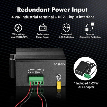 MokerLink 10 Port Gigabit Industrial DIN-Rail Ethernet Switch, Unmanaged IP40 Network Switch (-40 to 185°F), Mini Size, with Power Supply