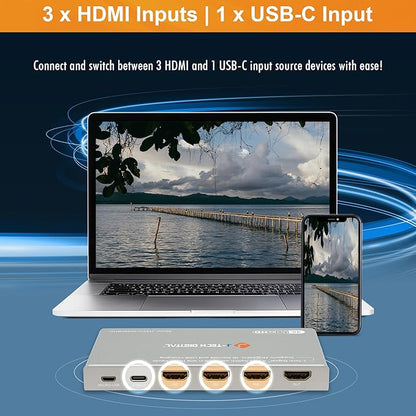 J-Tech Digital 4K 60Hz 4x1 HDMI & USB-C Switch | 3 HDMI + 1 USB-C Input, 1 HDMI Output | Compatible w/HDR & Dolby Vision | IR Remote, Auto Switch, CEC, Digital Audio [JTECH-4KSW3H1C]
