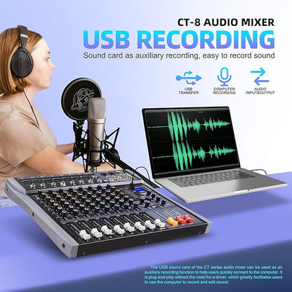 Pro DJ Mixer 8-Channel Audio Console - Bluetooth/USB Streaming, 48V Phantom Power, 3-Band EQ for Live Stage, Recording Studio & Karaoke Systems (CT-8)