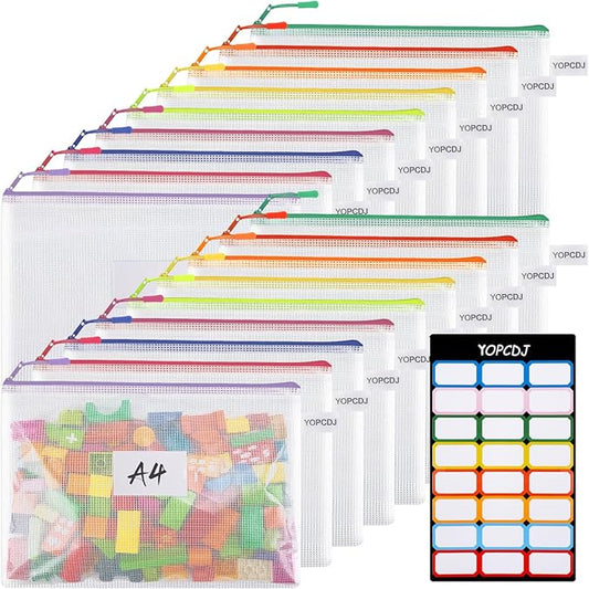18 Pack A4 Mesh zipper pouch bags, Mesh Bags with Label Pocket,Zipper Pouches of office supplies, File Bags for Classroom Organization,Puzzles, Board Game Storage