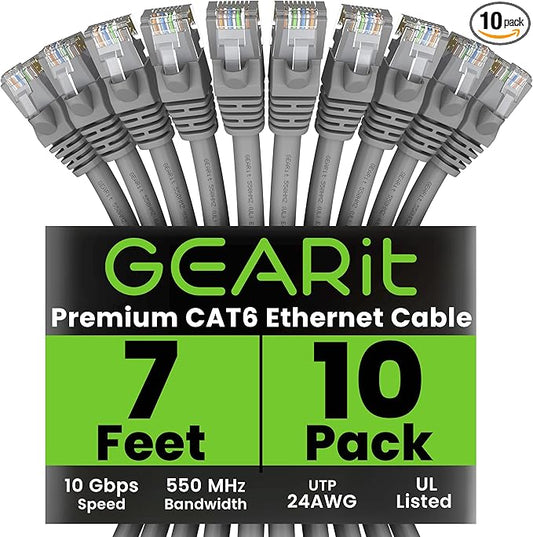 GEARit Cat 6 Ethernet Patch Cable 7 ft Gray (10 Pack) Cat6 Patch Cables 7ft Gray/Ethernet Patch Cable, 10Gbps 550MHz 24AWG Pure Copper, Snagless, Gold Plated RJ45 for Router, Server, Router, PC