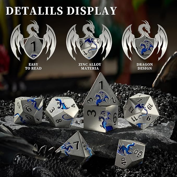 HNCCESG Metal Dragon DND Dice Set,7-Piece RPG Dice,Silver Blue