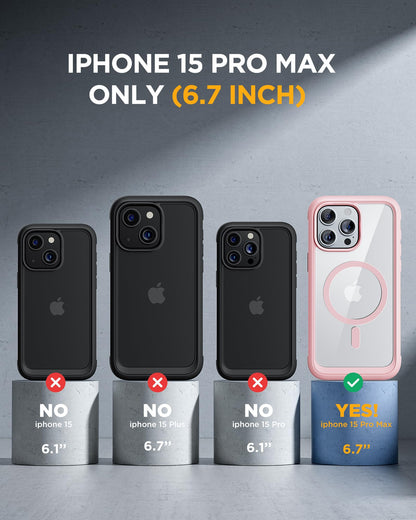 Miracase Magnetic for iPhone 15 Pro Max Case 6.7'' [Compatible with Magsafe] Full-Body Military Drop Proof for iPhone 15 ProMax Case with Built-in 9H Tempered Glass Screen Protector,Pink