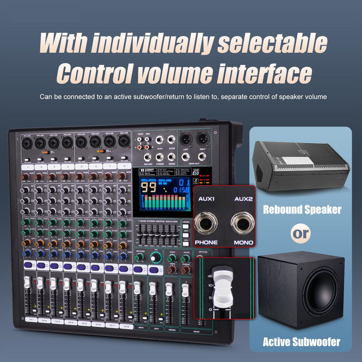 Doslnlya GF8 Pro Multi functional 8-channel Audio Mixer, Bluetooth DJ Mixing Console -7-level Stage Equalizer, 99 Sound Effects, Stage Independent Mute, Karaoke, Wedding Scene, Party DJ Mixer