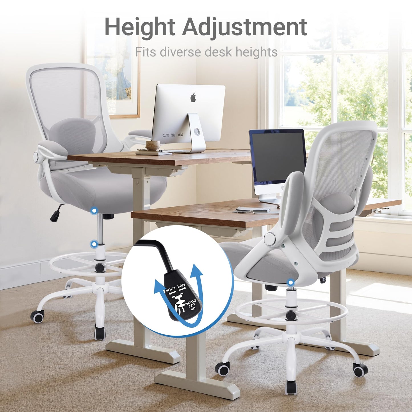 HYLONE 400lbs Heavy Duty Drafting Chair 5" Thickened Seat Office Chair with Flip-Up Armrests Tall Ergonomic Computer Chair with Lumbar Support and Adjustable Footrest Ring Standing Desk Chair (Grey)