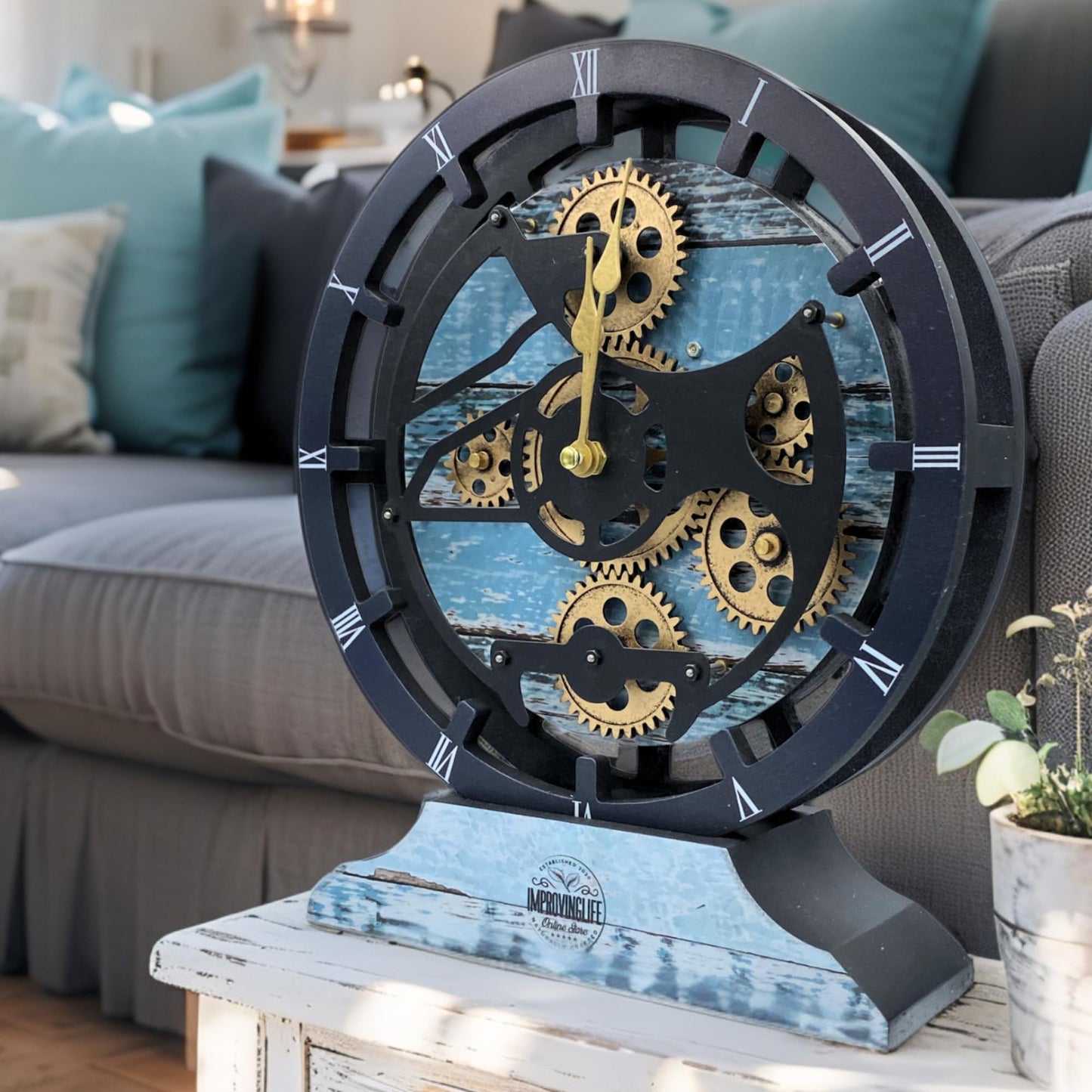 ImprovingLife The Gears Clock Desk Clock 10 inches with Real Moving Gears Convertible into Wall Clock (Aqua Green)