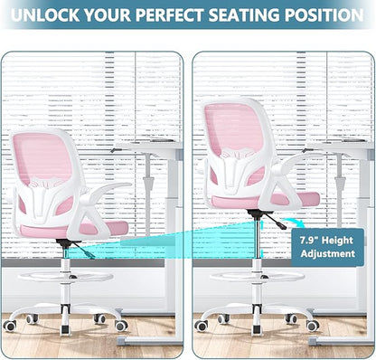 Tall Drafting Chair with Footrest Ring for Home and Work, Ergonomic Home Desk Office Chair with Flip up Arms and Lumbar Support, Extended Height Executive Desk Office Chair(Pink)