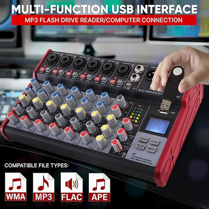 Pyle Professional Wireless DJ Audio Mixer - 8-Channel Bluetooth Compatible DJ Controller Sound Mixer w/USB Port, 6 Mic/Line Input, ¼” Mono/Stereo Input, Headphone Jack, +48V Phantom Power - PMX848BT