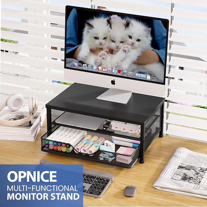 Desk Organizers and Accessories, 2-Tier Computer Monitor Stand Riser with Drawer, Laptop Stand, Office Desk Accessories, Workspace Desktop Organizer for Office Supplies, Black