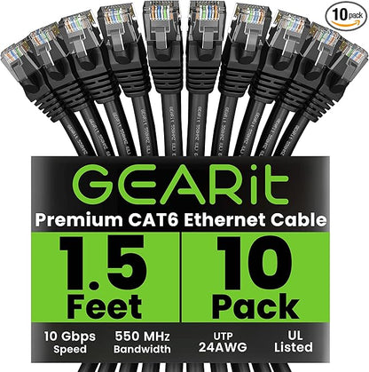 GEARit Cat 6 Ethernet Cable (10-Pack 1.5 Feet) Cat6 Network Patch, 10Gbps, RJ45, Snagless Cord, Gold-Plated Connectors, Internet for PC, TV, Tablet, Router, Printer, Servers, IT Data Center - Black