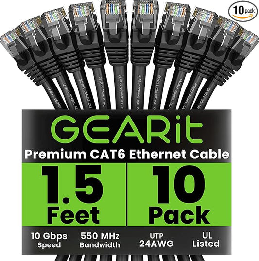 GEARit Cat 6 Ethernet Patch Cable 1.5 ft Black (10 Pack) Cat6 Patch Cables 1.5ft Black/Ethernet Patch Cable, 10Gbps 550MHz 24AWG Pure Copper, Snagless, Gold Plated RJ45 for Router, Server, Router, PC
