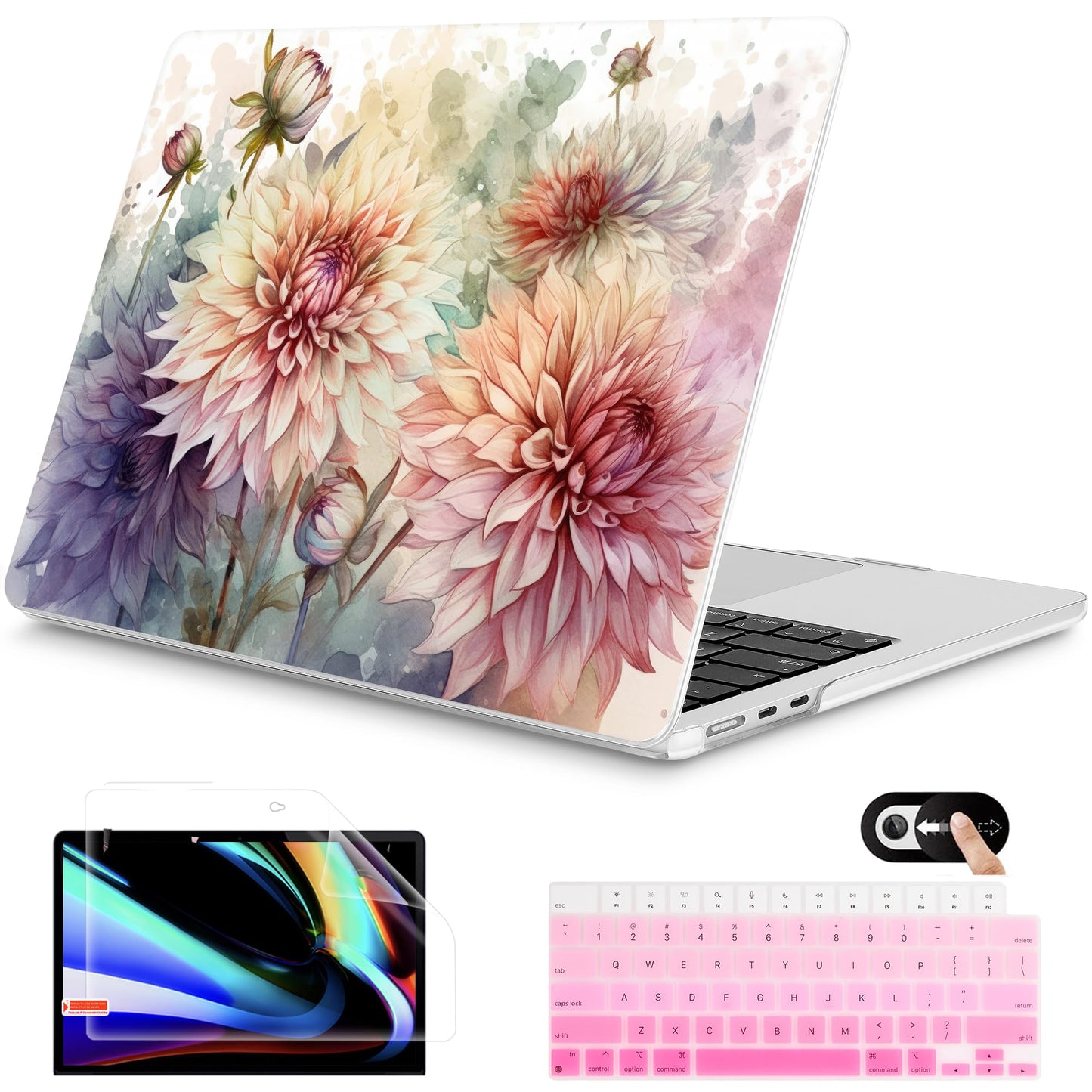 Mektron for 2026 MacBook Air 13-inch M5 Laptop Case A3449 with 13.6-inch Liquid Retina Display Fits 2025 A3240 M4 2024 A3113 M3 2023 A2681 M2 Printed Shell for MacBook Air 13.6", Watercolor Dahlias