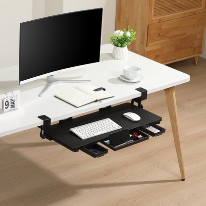 TECLUK Keyboard Tray Under Desk with Drawer,26.77" X 11.81" Keyboard Tray Large Size with C Clamp-on Mount, Easy to Install, Save Space for Office Desk (Black)