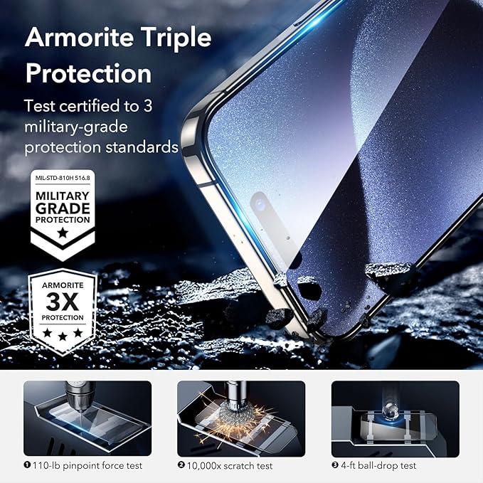 ESR 3+1 Pack for iPhone 15 Pro Screen Protector, [9H Hardness] [Military Grade Shatterproof] Full Coverage Ultra-tough Tempered Glass Film with Easy Installation Frame, 1 Set of Camera Lens Protector