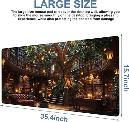 Large Mouse Pad Old Library Gaming Desk Pad Computer Keyboard Non-Slip Waterproof Mouse Mat with Rubber Base and Stitched Edges Entertainment Office Writing Desk Mat 35.4 x 15.7 Inches