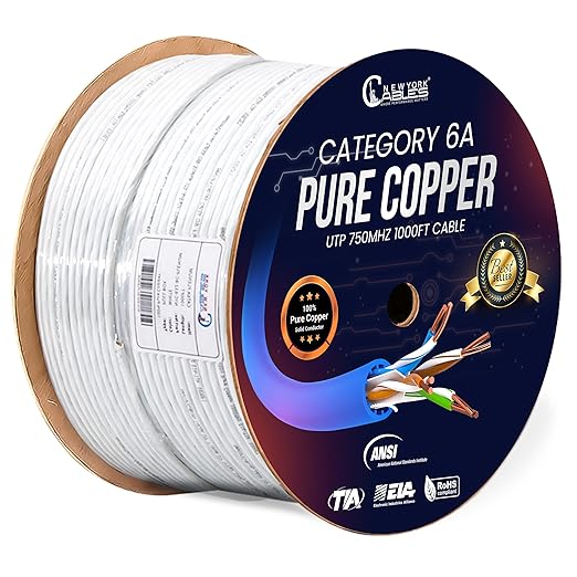 Newyork Cables | Cat6A Plenum (CMP) Cable 1000ft, 750MHz, PoE++ (4PPoE) | 100% Solid Pure Copper 10GB High Speed Ethernet Cable | 23AWG 4 Pair (UTP) Solid Conductors Available in 7 Colors (White)