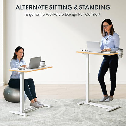 FLEXISPOT Mobile Standing Desk with Wheels Pneumatic Laptop Desk Rolling Computer Cart Movable Height Adjustable Small Sit Stand Desk Computer Workstations Home Use（27.6" W x 15.7" D,White+Maple