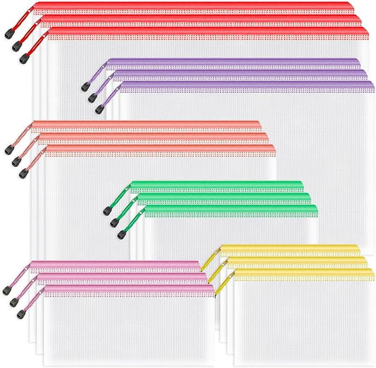 Umriox 6 Size Mesh Zipper Storage Bags, 18 Pack Color Coded File Pouches