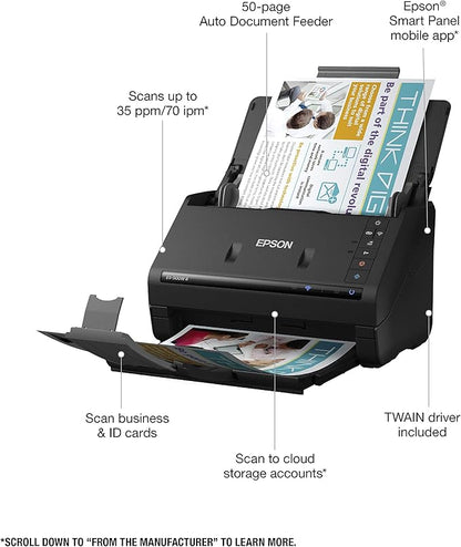 Epson Workforce ES-500W II Wireless Color Duplex Desktop Document Scanner for PC and Mac, with Auto Document Feeder (ADF) and Scan from Smartphone or Tablet (Renewed)