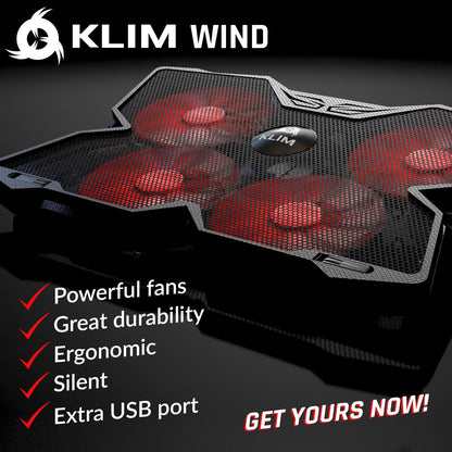 KLIM Wind Laptop Cooling Pad - Support 11 to 17 Inch Laptops, PS4-4 Fans - Light, Quiet, Powerful Cooling - Gamer USB Slim Portable Laptop Stand - NEW 2021 Version - Black