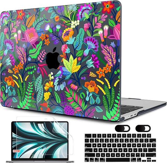 MEEgoodo Case for M5/M4/M3/M2 MacBook Air 13 inch 2026 2025 2024 2022, Fit Model A3449/A3240/A3113/A2681, Case Compatible with MacBook Air 13.6-inch, Bright Flowers & Tropic Leaves