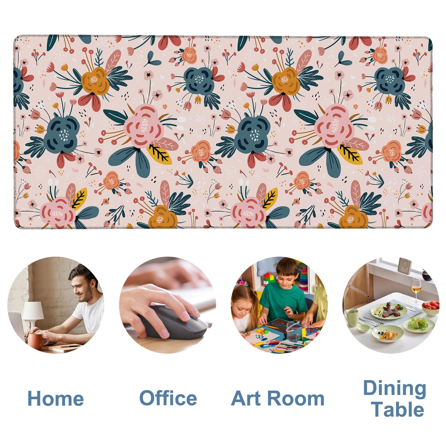 NITAHHHY Gaming Desk Pad Large Extra Length Hand Drawn Floral Mouse Pad Keyboard Laptop Non-Slip Waterproof with Rubber Base Thick Stitched Edge Mouse Mat for Office Home 35.4 x 15.7 Inches