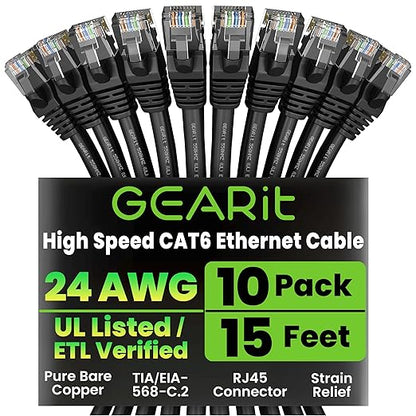GEARit Cat 6 Ethernet Cable Pack - 10-Pack 15 ft Cat6 Ethernet Patch Cables | RJ45 Network Patch Cable, 10 Gbps Snagless Gold-Plated Connectors - Ethernet Cable Cat 6 for PC, TV, Router - Black