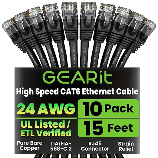 GEARit Cat 6 Ethernet Patch Cable 15 ft Black (10 Pack) Cat6 Patch Cables 15ft Black/Ethernet Patch Cable, 10Gbps 550MHz 24AWG Pure Copper, Snagless, Gold Plated RJ45 for Router, Server, Router, PC