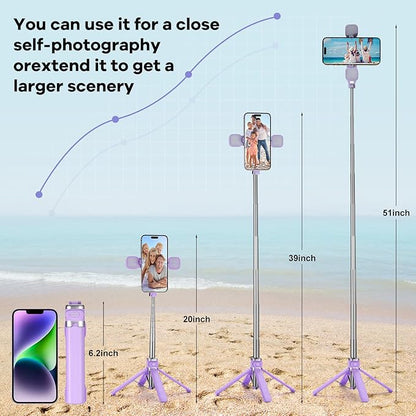 MQOUNY Mini iPhone Tripod Stand & Selfie Stick with Wireless Remote & Removable Light, Extendable Stand 360 Rotation Compatible with iPhone & Android Samsung (Purple)