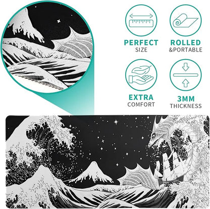 Black and White Japanese Wave Dragon Gaming Mouse Pad - Abstract Mat with Non-Slip Rubber Base, 31.5x11.8 Inch, Stitched Edges - Desk Pad for Office and Home