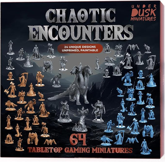 Underdusk Chaotic Encounters: 64 DND Miniatures for Dungeon Masters – 24 Designs, 28mm Bulk Set with 4 Bosses (Hydra, Fire Elemental, Gluttony, Forest Guardian) – Unpainted, 5e Stat Blocks Included