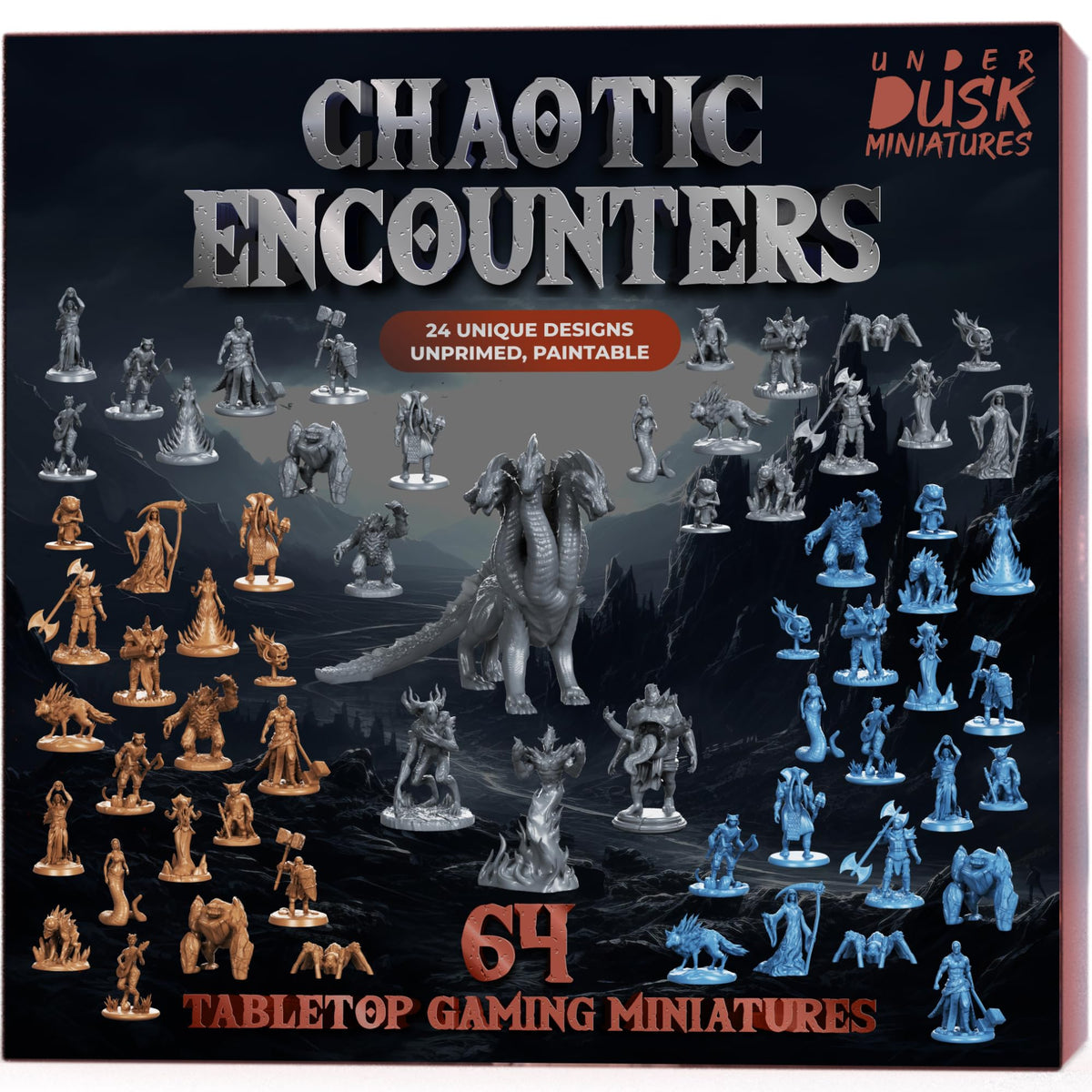 DND Miniatures Bulk Set, 64 Unpainted D&D Minis 28mm with 4 Boss Monsters