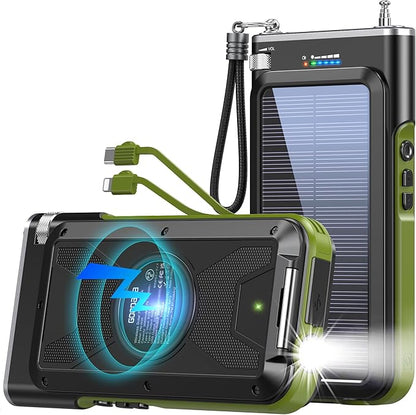 GOODaaa Solar Power Bank, 45800mAh Wireless Portable Charger Built-in Cables,15W Fast Charging Solar Charger, USB C in&Out and USB A Battery Pack for Outdoor with Emergency Radio,Flashlight
