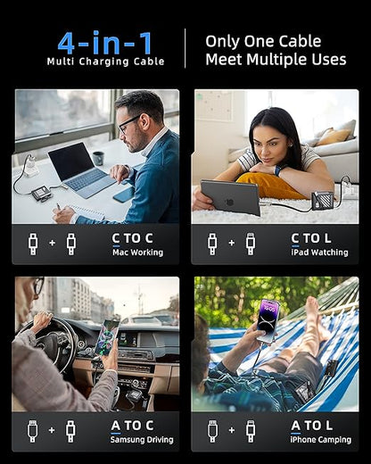 [ Retractable] 4-in-1 Compatible with USB C to Lightning Cable, 60W High-Speed Charging & Fast Data Transfer,CarPlay & Android Auto Support Multi Charger Cord Combo for iPhone/Samsung/iPad,3FT