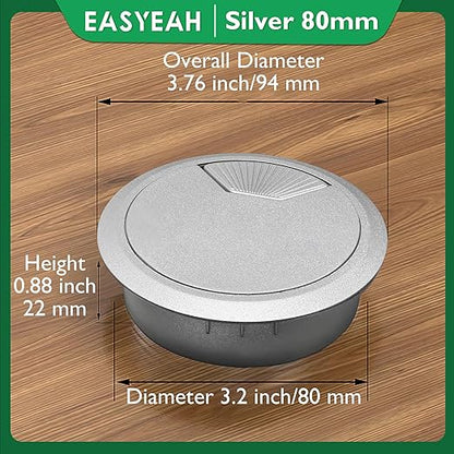 2 Pcs Desk Grommet 3-1/8" / 80 mm, Desk Cord Hole Cover, Cable Grommet ABS Plastic, Desk Hole Grommet for Home & Office Pc, Detachable Adjustable Cable Cord Organizer-Silvery