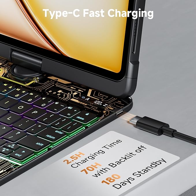Uminy iPad Keyboard Case for 2024 M4 iPad Pro 13 inch, Magic Wireless Keyboard with Trackpad 7 Color Backlit, 360° Rotating Stand Transparent Protective Cover with Pencil Holder (Black)