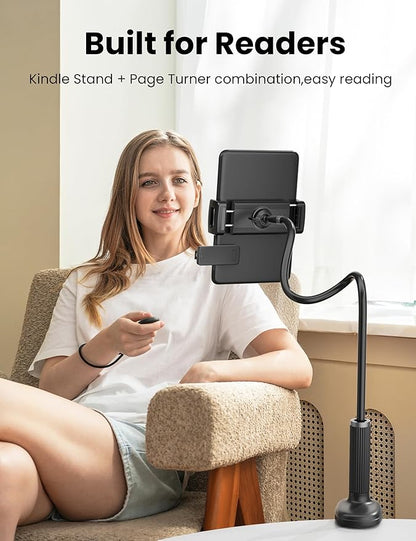 Gooseneck Kindle Holder with Remote Page Turner for Reading in Bed,Tablet Mount Holder for Desk,Flexible Long Arm for Tablets iPhones Kindle Accessories