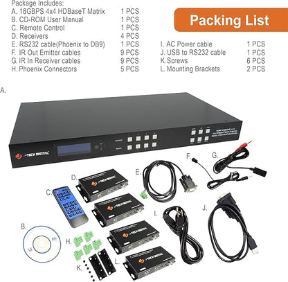 J-Tech Digital HDBaseT 4x4 Matrix Extender Switcher Supports HDMI2.0 HDCP2.2 4K60Hz 4:4:4 HDR Dolby Vison with 4 PoC Receivers, Over Single Cat5e/6 Cable, Control App, Compatible with Control4 Driver