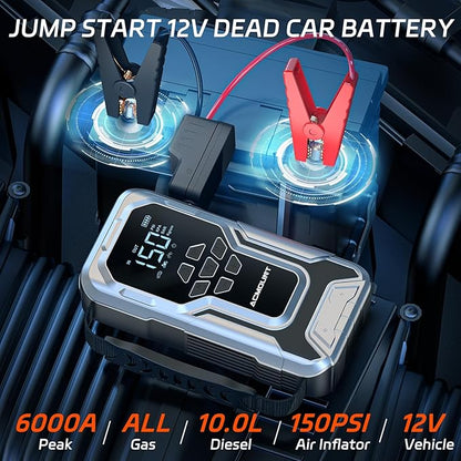 Jump Starter with Air Compressor, 6000A Car Battery Jump Starter (All Gas/10.0L Diesel), 150PSI Tire Inflator, 12V Jumper Pack with LCD Display & LED Light, Portable Air Pump, 21800mAh Battery